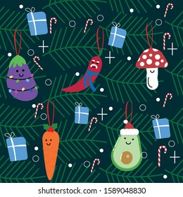 Christmas seamless pattern with cute images of vegetables. Avocado, mushrooms, eggplant, carrot, pepper chily, candy, illuminated garland, stars. Vector illustration.