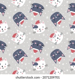 Christmas seamless pattern with cute kittens in Santa Claus hat. Childrens vector background.