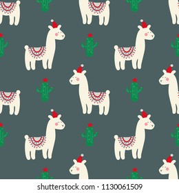 Christmas seamless pattern with cute lama and cactus. Design for fabric, wallpaper, textile and decor.