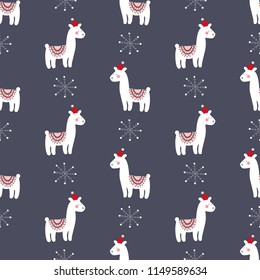 Christmas seamless pattern with cute lama. Design for fabric, wallpaper, textile and decor.