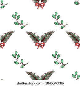 christmas seamless pattern with cute leaves and ribbon