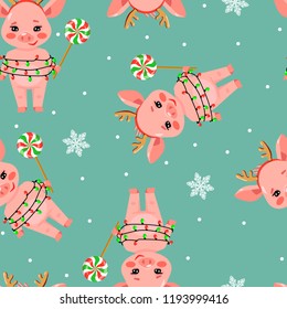 Christmas seamless pattern with a cute little pig with lighting garland and lollipop on blue background. Vector illustration of a cartoon character of the sign of year 2019