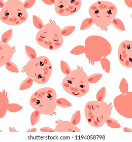 Christmas seamless pattern with a cute little pig faces on white background. Vector illustration of a cartoon character of the sign of year 2019