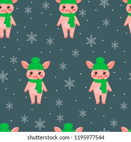 Christmas seamless pattern with a cute little pig in green hat and scarf on blue background. Vector illustration of a cartoon character of the sign of year 2019