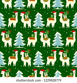 Christmas seamless pattern with cute llamas in hats
