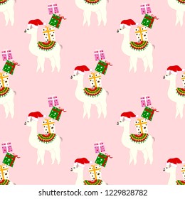 Christmas seamless pattern with cute llamas in hats
