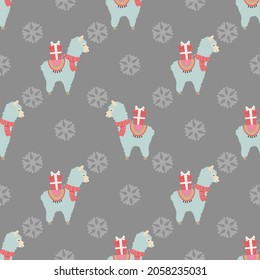 Weihnachten nahtloses Muster mit süßen Lamas und Geschenken. Weihnachten- und Neujahrskonzept. Die Illustration eignet sich hervorragend für das Verpacken von Papier.