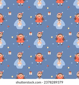 Christmas seamless pattern. Cute man with New Year puppy and happy girl child on blue background. Vector illustration  