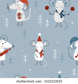 Christmas seamless pattern with cute mice. Seamless pattern for cards, wrapping papers, posters. Creative hand drawn pattern for winter holidays. Seamless texture for Christmas design