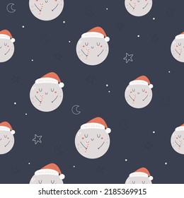 Christmas seamless pattern with cute moon in santa hat. Holiday design for fabrics, gift boxes, wrapping paper.