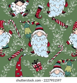 Christmas seamless pattern with cute Nordic gnomes. Doodle style. Vector.