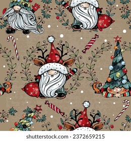 Christmas seamless pattern with cute Nordic gnomes.  Vector.