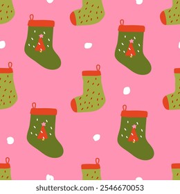 Navidades sin patrón con lindos calcetines adornados de Navidad. Fondo sin fisuras con diseño de Navidades, patrones de vacaciones. Impresión festiva para envolver papeles en diseño plano. Ilustración vectorial.