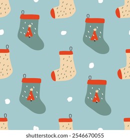 Navidades sin patrón con lindos calcetines adornados de Navidad. Fondo sin fisuras con diseño de Navidades, patrones de vacaciones. Impresión festiva para envolver papeles en diseño plano. Ilustración vectorial.