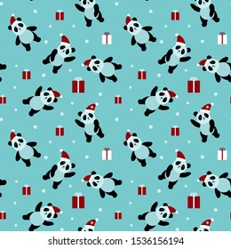 Christmas seamless pattern with cute panda bears. Funny animals with presents and snowflakes on light blue background. Vector illustartion.