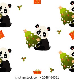 Christmas Seamless Pattern. Cute panda with gift and Christmas tree on white background. Vector illustration. For New Years decor and design, wallpaper, packaging, textiles.