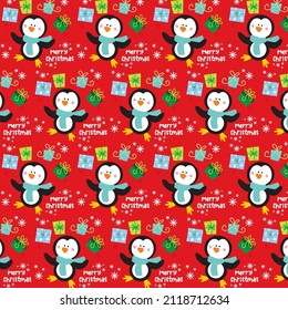 Christmas seamless pattern with cute penguin for card or gift wrap