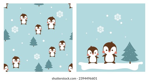 Christmas seamless pattern with cute penguin, pine tree and snowflakes on green mint background vector. Christmas card with penguin cartoon on winter background.