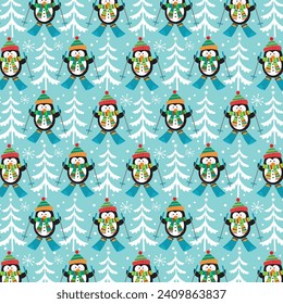 Patrón ininterrumpido de Navidad con esquí de pingüino lindo