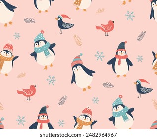 Christmas Seamless Pattern with cute Penguin and Bird decoration, pink background for banners, wallpapers, wrapping, textiles -hand drawn Doodle vector design