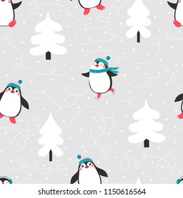 Christmas seamless pattern with cute penguins