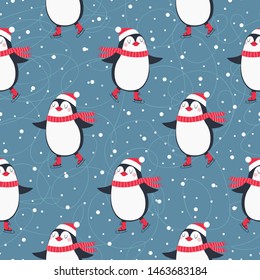 Christmas seamless pattern with cute penguins ice skaters