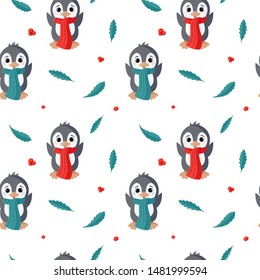 Christmas seamless pattern with cute penguins. Hand-drawn vector illustration background. Can be used for kids or babys shirt design or fashion wear print graphic