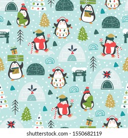 Christmas seamless pattern with cute penguins celebrating christmas in north pole village. Surface design for textile, fabric, wallpaper, wrapping, giftwrap, paper, scrapbook and packaging.