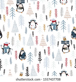 Christmas seamless pattern with cute penguins celebrating christmas in pine forest. Surface design for textile, fabric, wallpaper, wrapping, giftwrap, paper, scrapbook and packaging