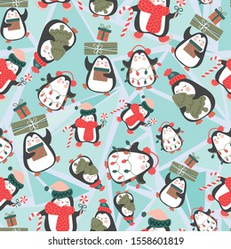 Christmas seamless pattern with cute penguins on funky ice broken/ cracked background. Surface design for textile, fabric, wallpaper, wrapping, gift-wrap, paper, scrapbook and packaging.