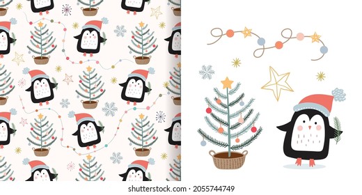 Christmas seamless pattern with cute penguins and Christmas tree, winter background, festive wallpaper, surface design