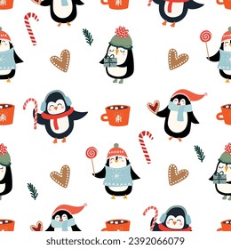 Patrón ininterrumpido de Navidad con pingüinos lindos, papel tapiz de invierno, fondo, papel envolvente