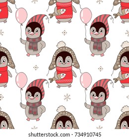 Christmas seamless pattern with cute penguins and snowflake for new year's design on a white background. Lovely xmas hand drawn illustration in cartoon style.