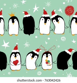 Christmas seamless pattern of cute penguins in Santa's hat holding hands or wings.
