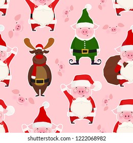 Christmas seamless pattern with cute pig in santa claus costume, christmas elf and deer. Vector illustration.