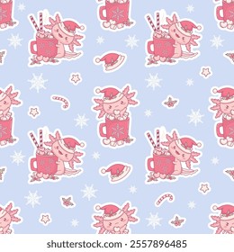 Christmas Seamless pattern with cute pink Axolotl Santa with festive cup Hot Cocoa with Marshmallows on light blue background. New Year Funny Little cartoon kawaii character. Vector illustration