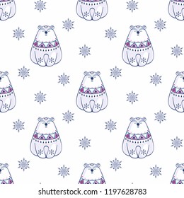 Christmas seamless pattern with cute polar bear. Childhood vector background in ethnic style.