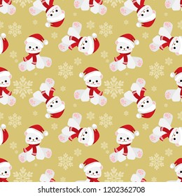 Christmas seamless pattern with Cute polar bear wear Santa hat and red scarf with snowflakes on yellow background. Christmas cartoon character for winter holidays greeting season, wrapping papers etc.
