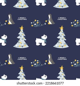 Christmas seamless pattern with cute polar bear and penguin. Hand drawn style