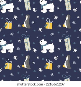 Christmas seamless pattern with cute polar bear and penguin. Hand drawn style