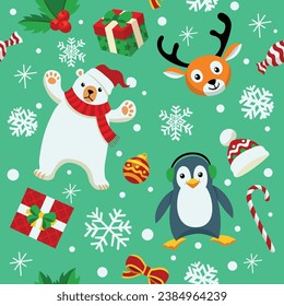 Christmas Seamless Pattern with Cute Polar Bear, Deer, and Penguin