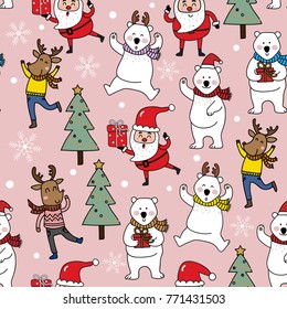 Christmas seamless pattern with cute polar bear, reindeer and Santa Claus.