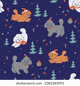 Christmas seamless pattern with cute poodles and Christmas trees. Vector graphics.