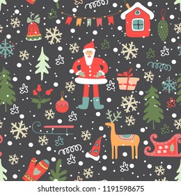 Christmas seamless pattern. Cute  print with hand drawn cartoon santa, new year tree, snow , gifts, christmas decorations. Colorful vector.