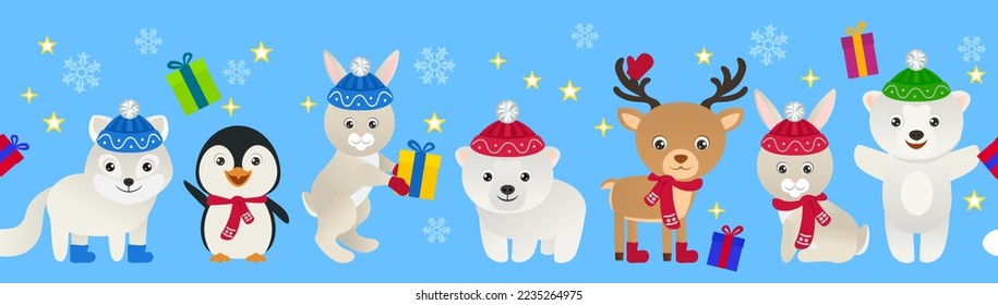 Christmas seamless pattern with cute rabbit, deer, polar bear and penguin. Collection of funny animals. Children's cartoon characters congratulate on the holiday. Vector flat illustration.