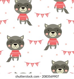 christmas seamless pattern with cute raccoon in sweater, background of wildlife cartoon animal