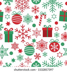 Christmas Seamless Pattern With Cute Red And Green Gifts, Balls, Stars And Snowflakes Isolated On White Background. Simple Retro Style Design For Holiday Designs, Wrapping Paper, Prints, Scrapbooking