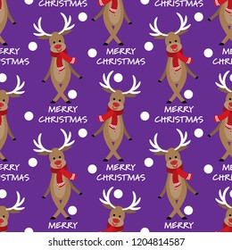 Christmas seamless pattern of cute reindeer wear red scarf with MERRY CHRISTMAS text with snowflakes on purple background. Vector illustration.
