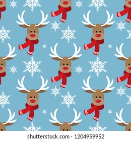 Christmas seamless pattern of cute reindeer in red scarf with snowflakes on blue background. Cute Christmas holidays cartoon character background. Vector illustration.