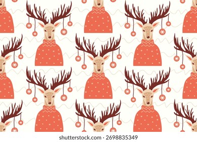 Christmas seamless pattern with cute reindeer in knitted sweaters and Christmas tree decorations on their antlers. Hand-drawn animal portraits. Ethnic-style holiday background.